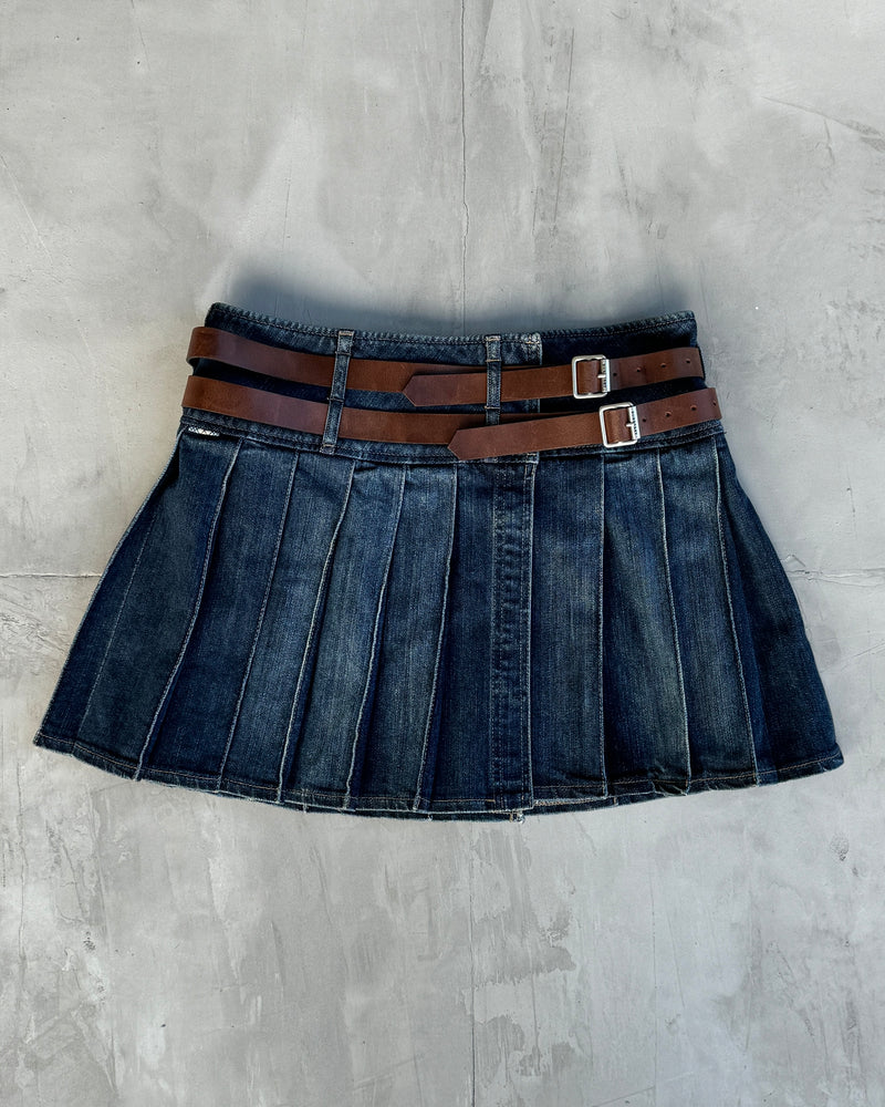 BURBERRY WRAP DOUBLE BELT PLEATED DENIM SKIRT - S/M