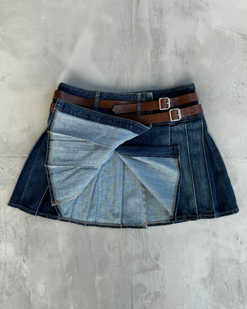 BURBERRY WRAP DOUBLE BELT PLEATED DENIM SKIRT - S/M