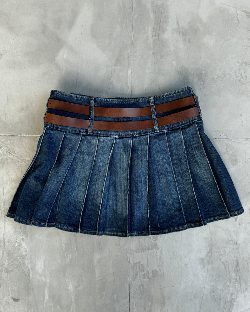 BURBERRY WRAP DOUBLE BELT PLEATED DENIM SKIRT - S/M