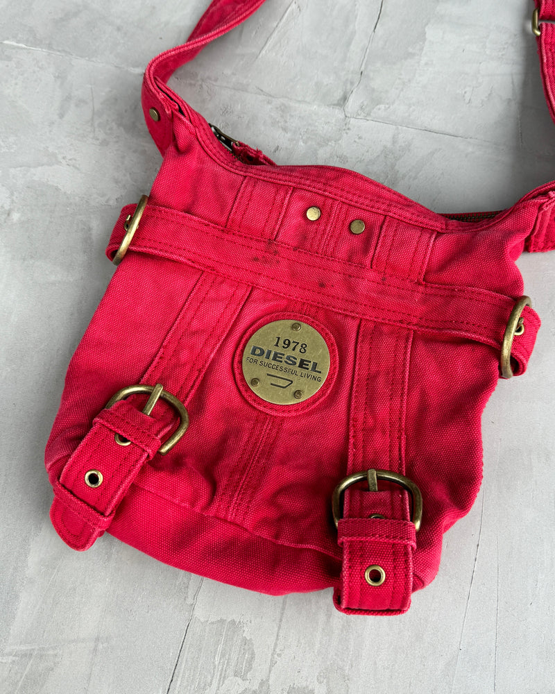 DIESEL RED CANVAS BUCKLE SIDE BAG