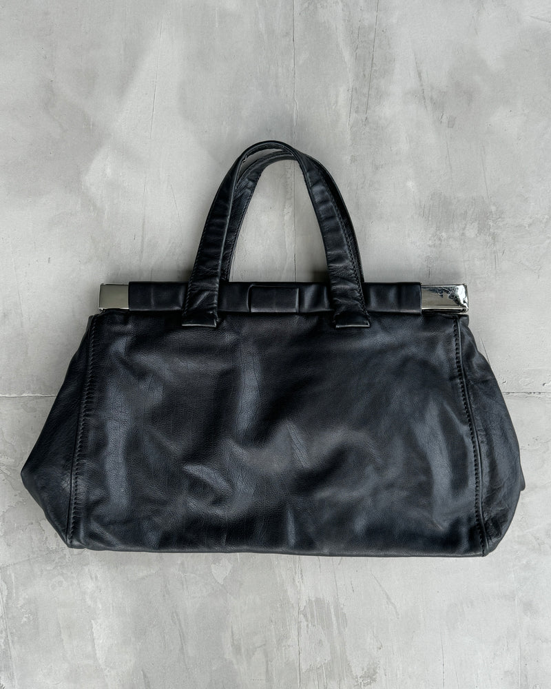 MIU MIU 90'S BLACK LEATHER & CHROME BAR SHOULDER BAG