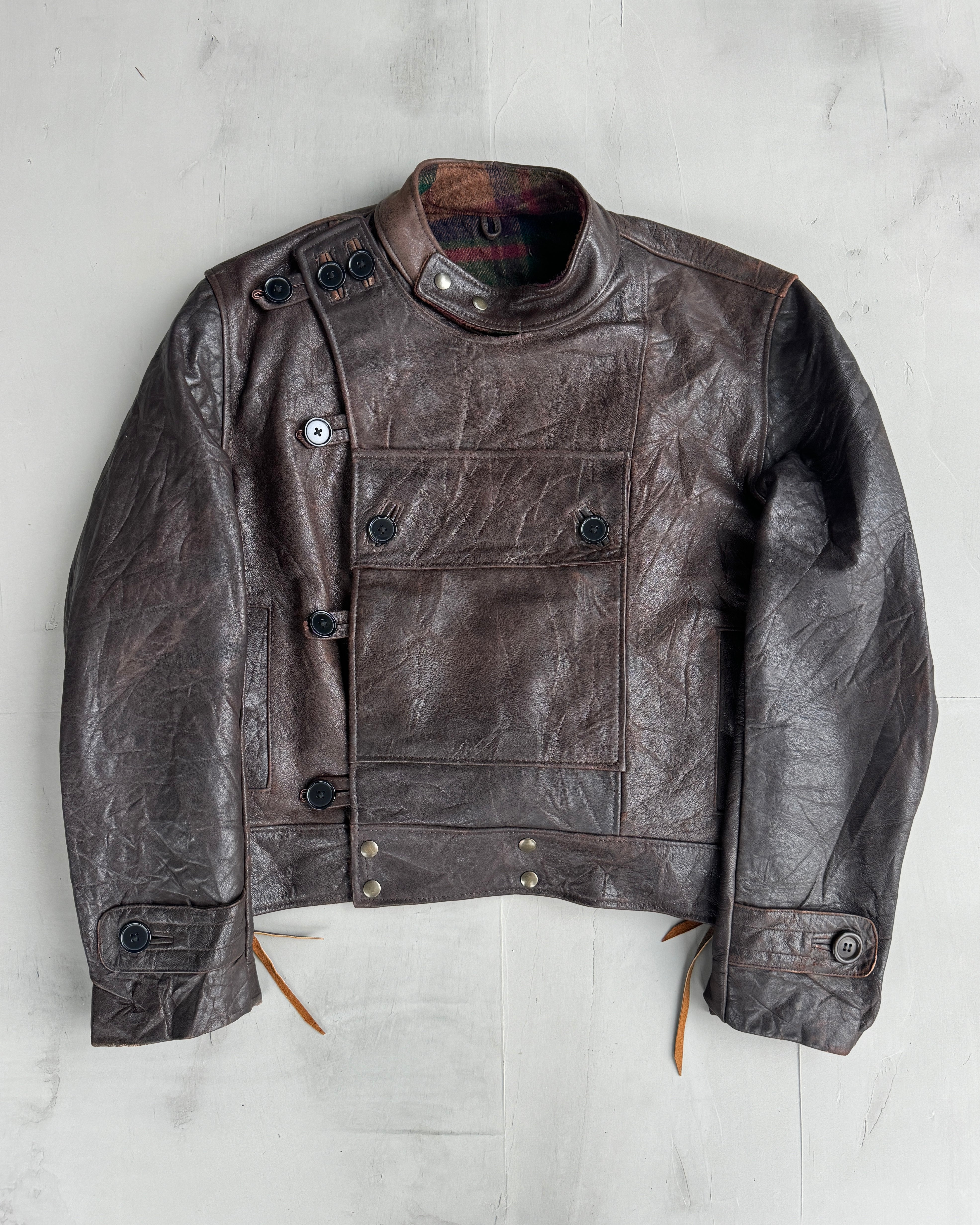 90'S SWEDISH ARMY LEATHER MOTO JACKET - L