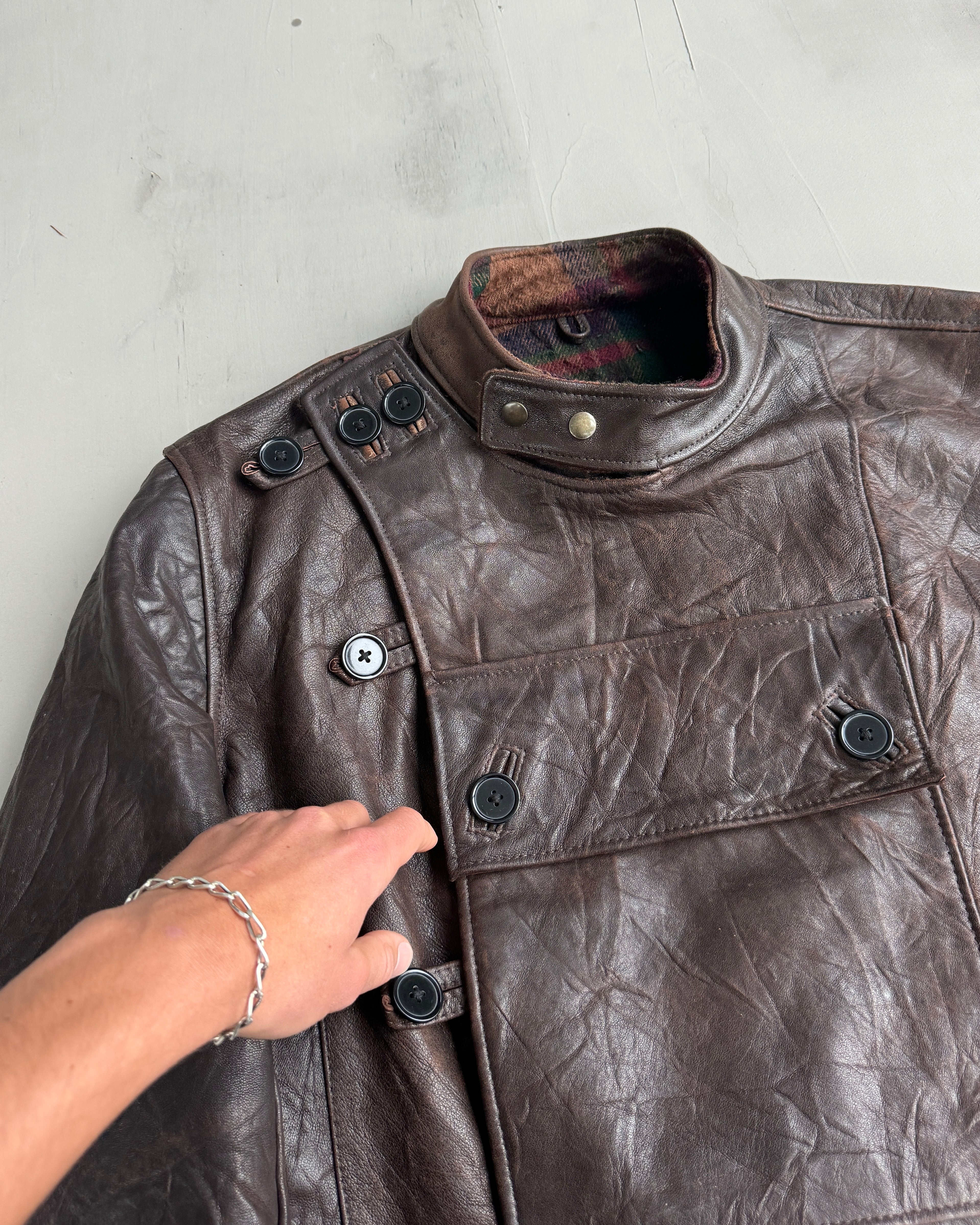 90'S SWEDISH ARMY LEATHER MOTO JACKET - L