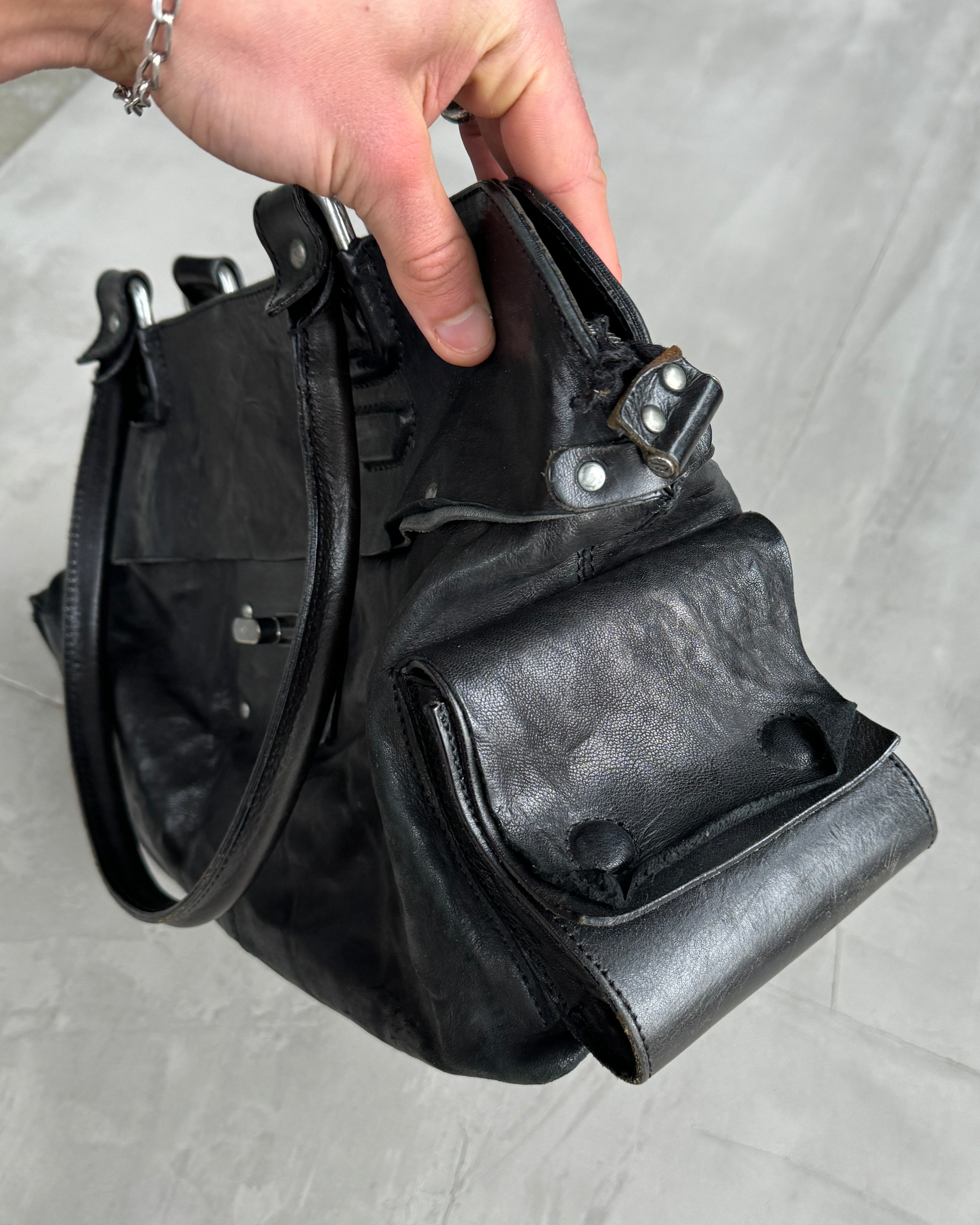 DIESEL 90'S LEATHER & CHROME MULTIPOCKET SHOULDER BAG