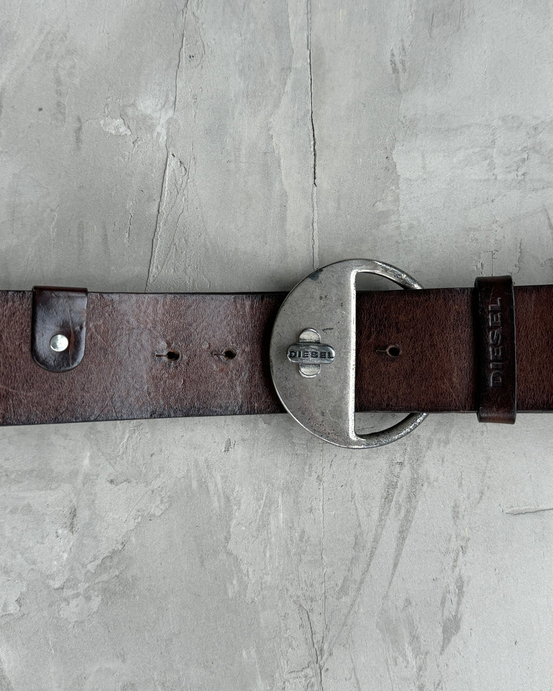 DIESEL CHUNKY METAL & BROWN LEATHER BELT - M