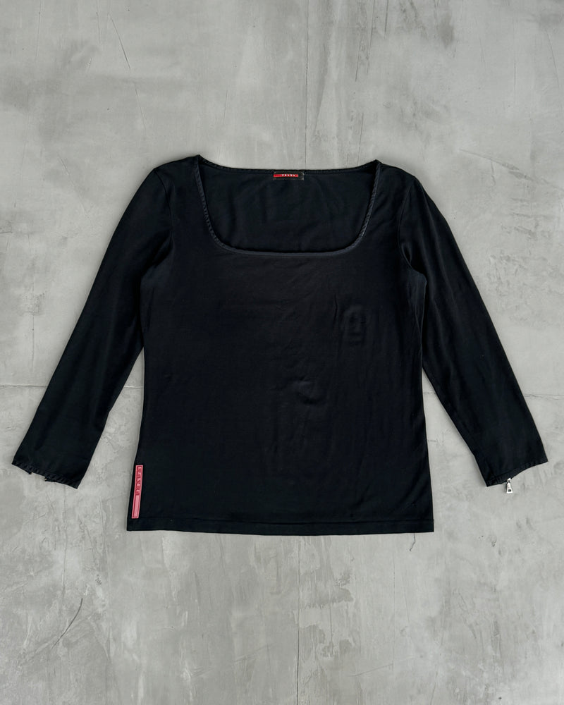 PRADA SPORT BLACK SQUARE NECK LONG-SLEEVE TOP - L