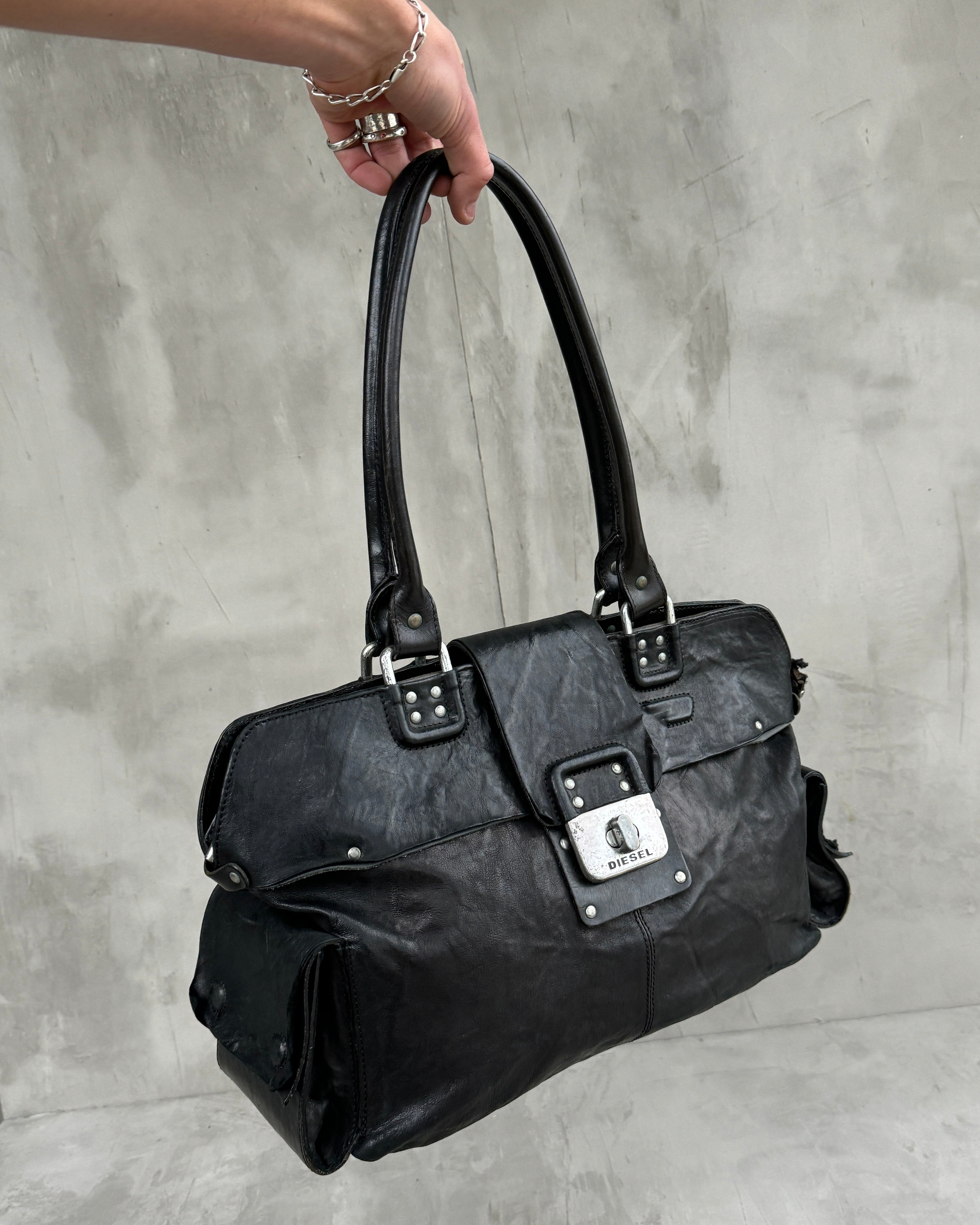 DIESEL 90'S LEATHER & CHROME MULTIPOCKET SHOULDER BAG