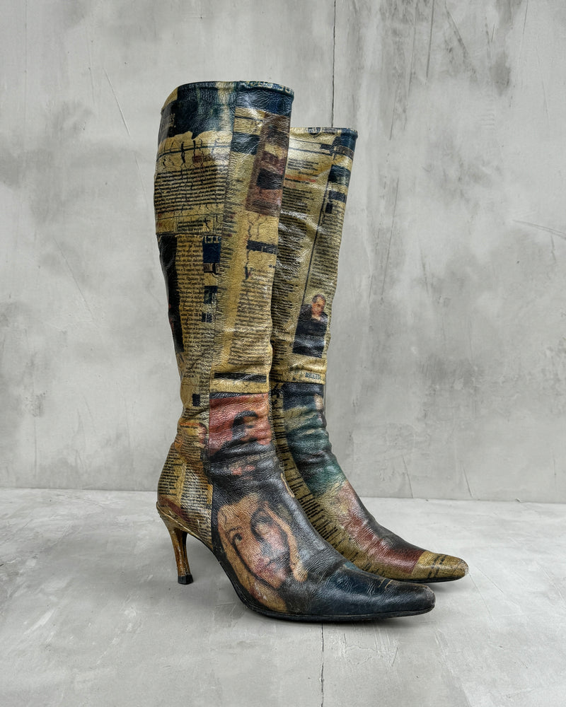 FREE LANCE NEWSPAPER PRINT LEATHER HEELED BOOTS - EU 37.5 / UK 4.5