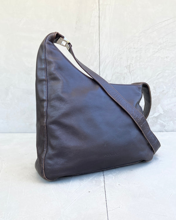 PRADA ASYMMETRIC BROWN LEATHER SHOULDER BAG