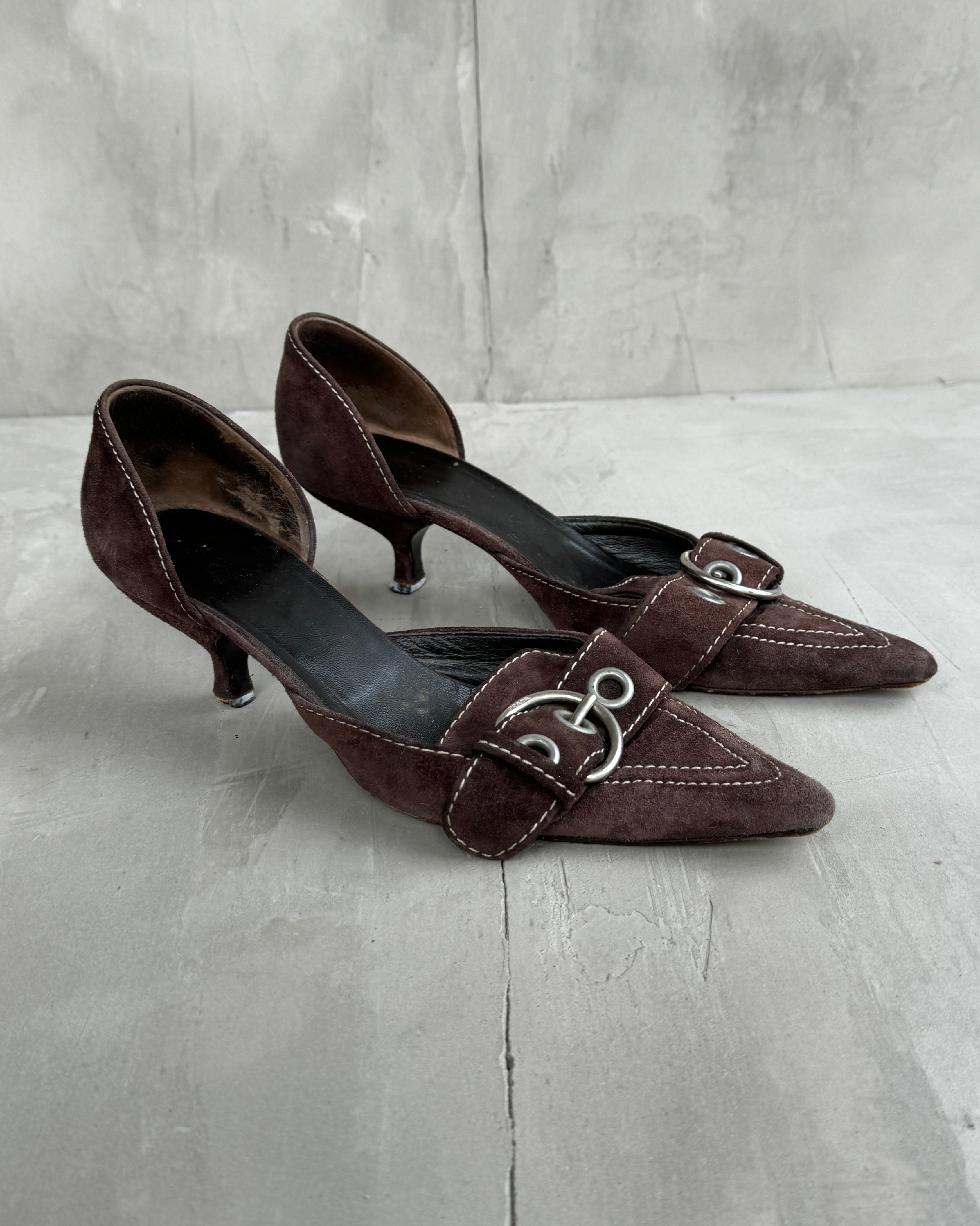 PRADA 2000'S BROWN SUEDE BUCKLE KITTEN HEEL - EU 37 / UK 4