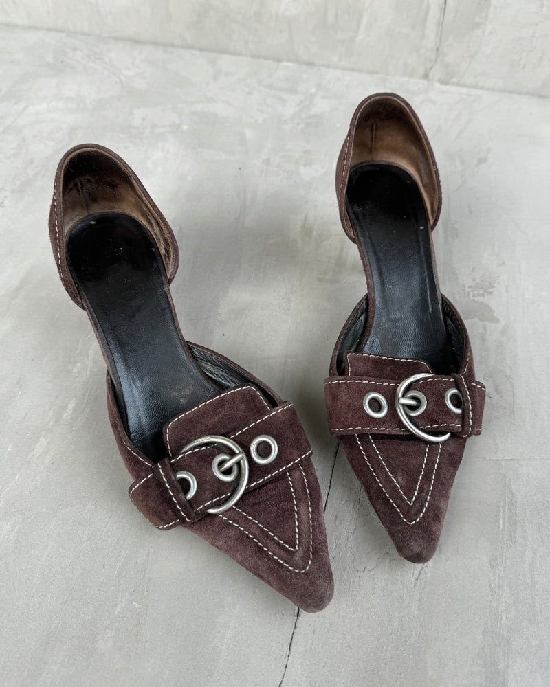 PRADA 2000'S BROWN SUEDE BUCKLE KITTEN HEEL - EU 37 / UK 4