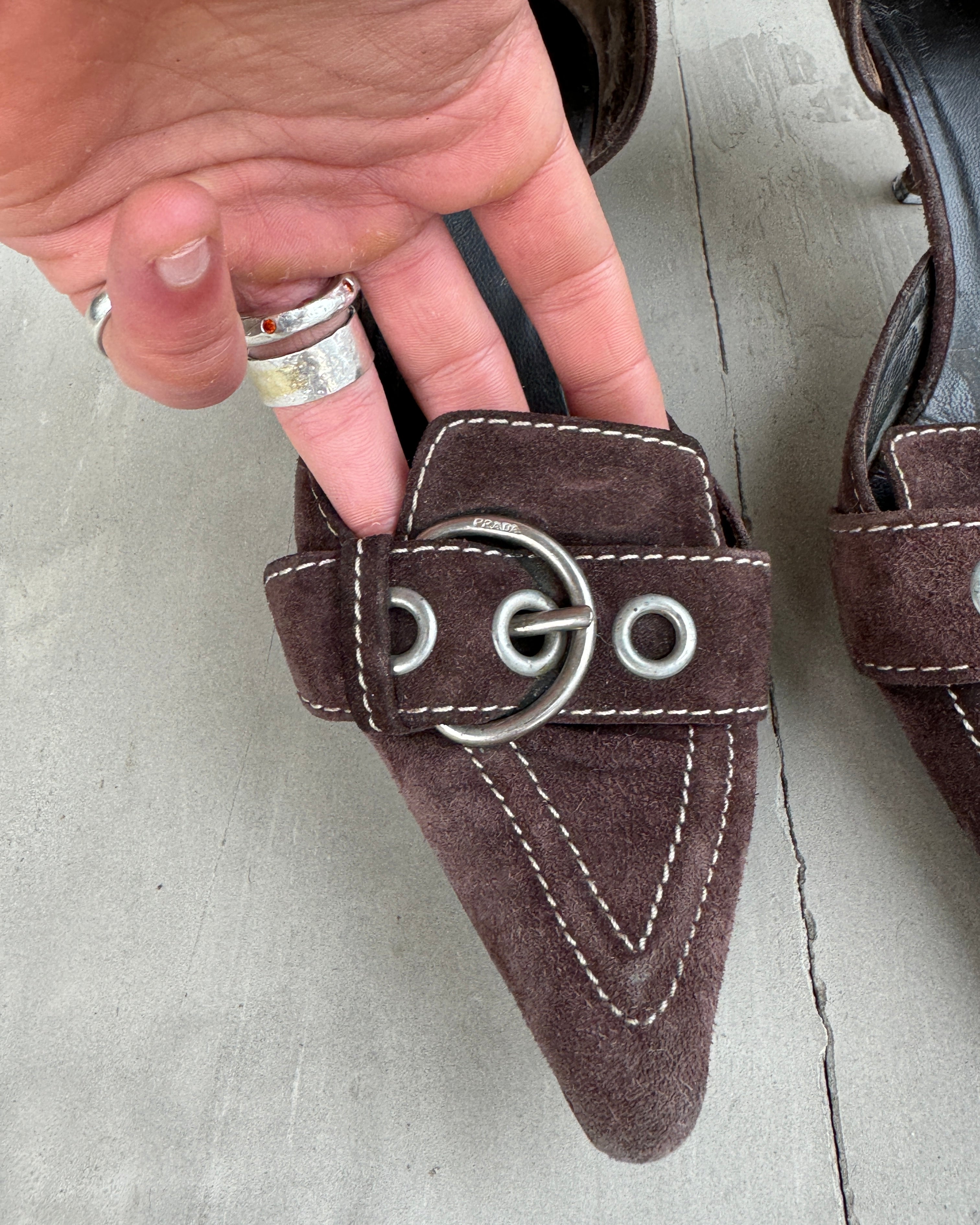 PRADA 2000'S BROWN SUEDE BUCKLE KITTEN HEEL - EU 37 / UK 4