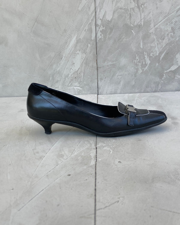 PRADA LEATHER AND SUEDE 'CLIP' KITTEN HEELS - EU 36