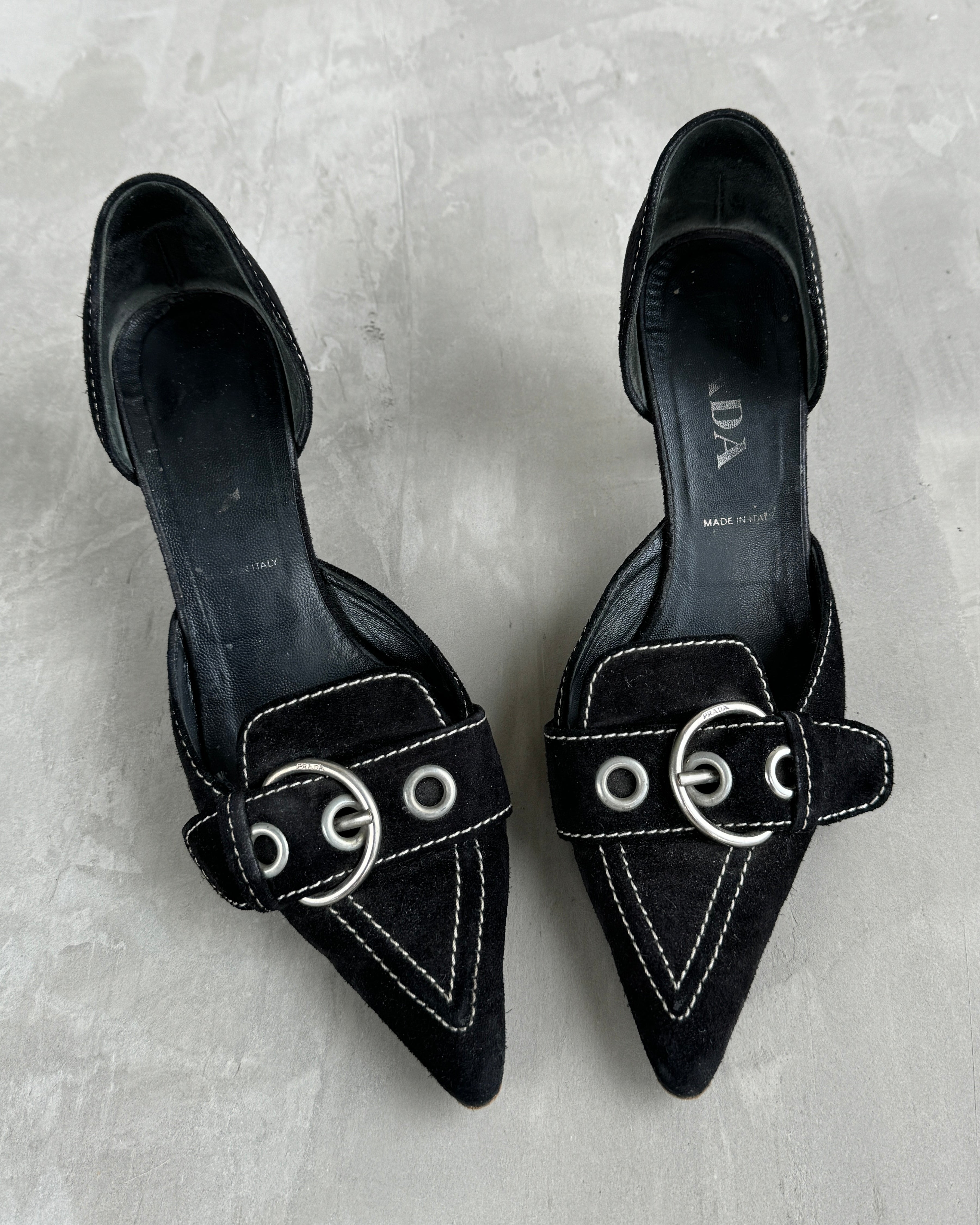 PRADA 2000'S BLACK SUEDE BUCKLE KITTEN HEEL - EU 36.5 / UK 3.5