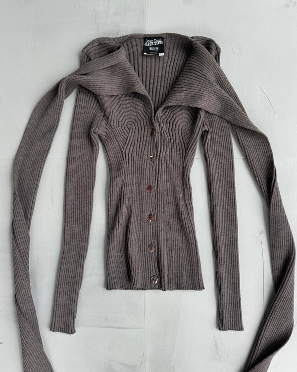 JEAN PAUL GAULTIER RIBBED KNIT CONICAL BUTTON UP SWEATER - M