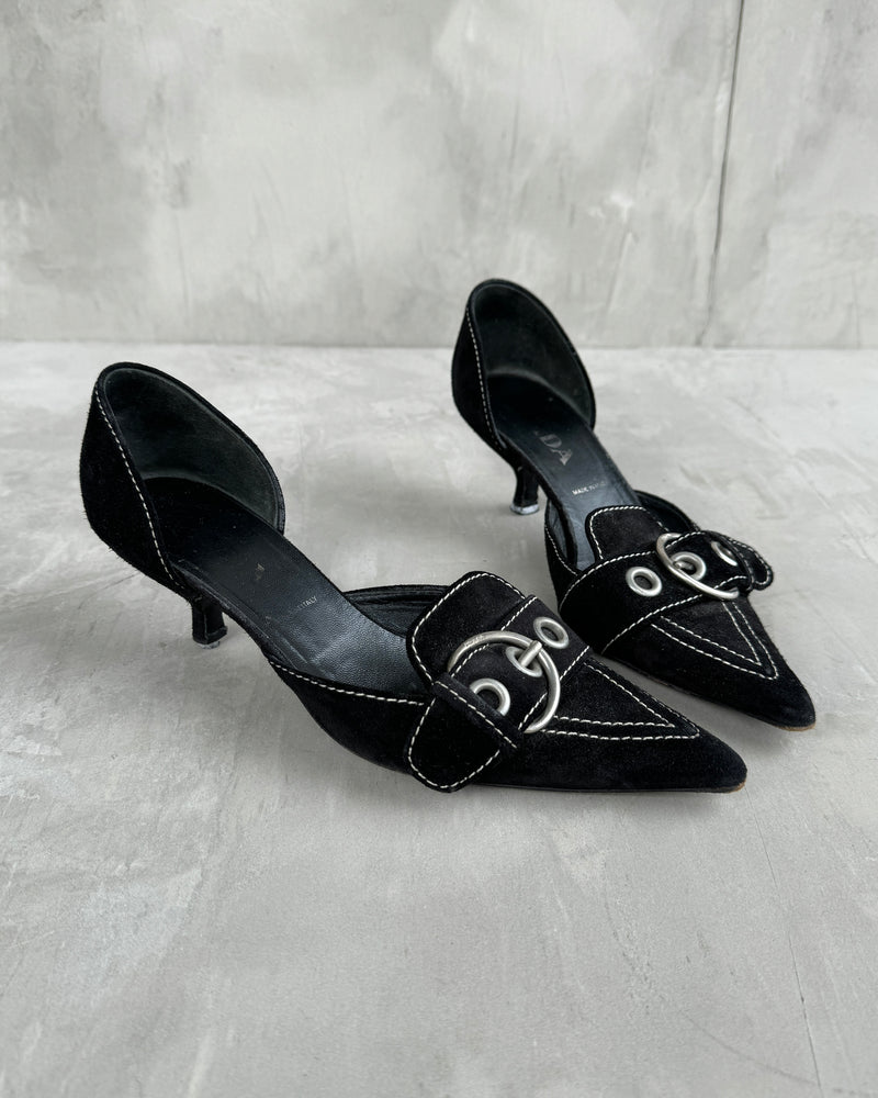 PRADA 2000'S BLACK SUEDE BUCKLE KITTEN HEEL - EU 36.5 / UK 3.5