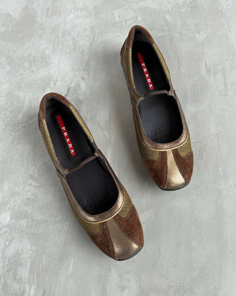 PRADA 2000'S BROWN & METALLIC SUEDE BALLET FLATS - EU 39 / UK 6