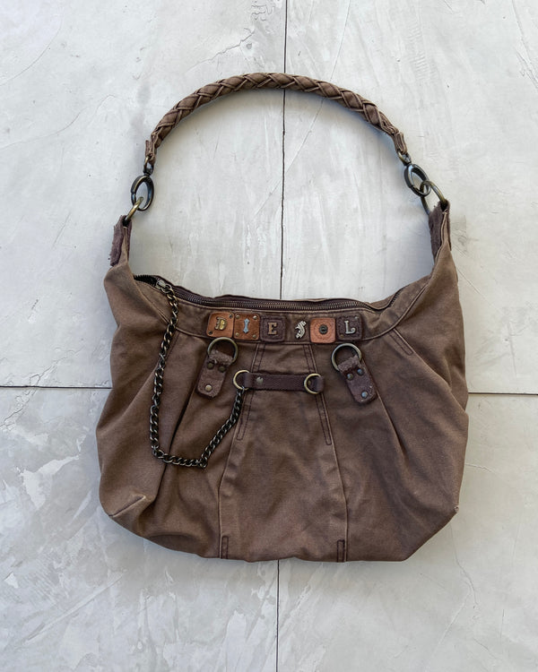 DIESEL 2000'S BROWN CANVAS SHOULDER BAG