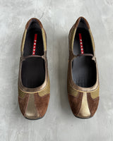 PRADA 2000'S BROWN & METALLIC SUEDE BALLET FLATS - EU 39 / UK 6