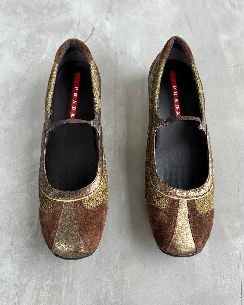 PRADA 2000'S BROWN & METALLIC SUEDE BALLET FLATS - EU 39 / UK 6