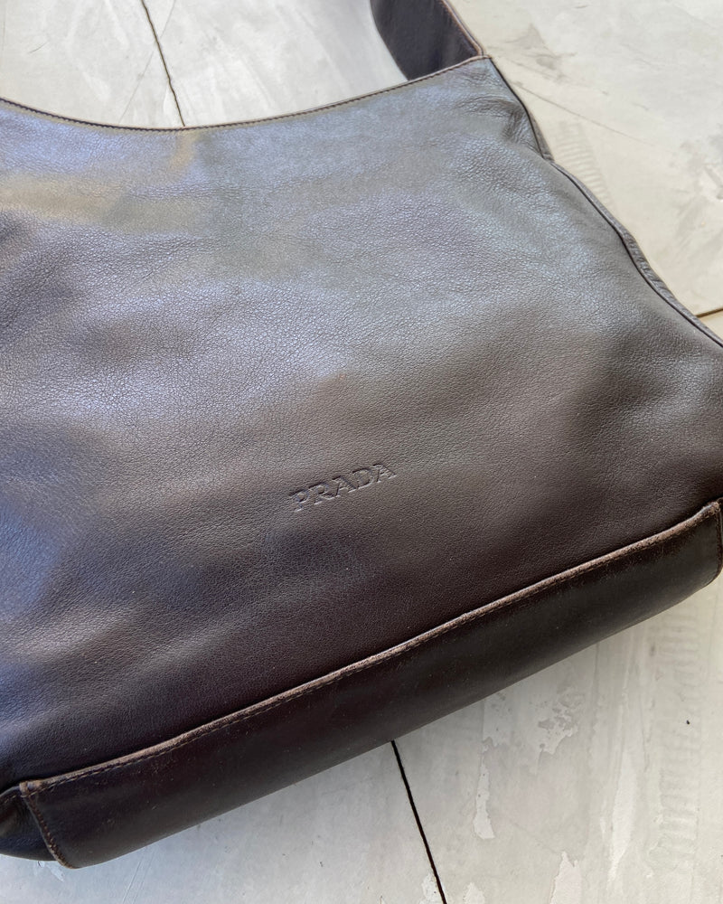 PRADA ASYMMETRIC BROWN LEATHER SHOULDER BAG