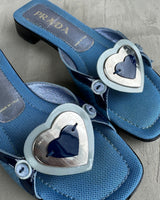 PRADA 2000'S BLUE LEATHER & HEART MULES FLATS - EU 36.5 / UK 3.5