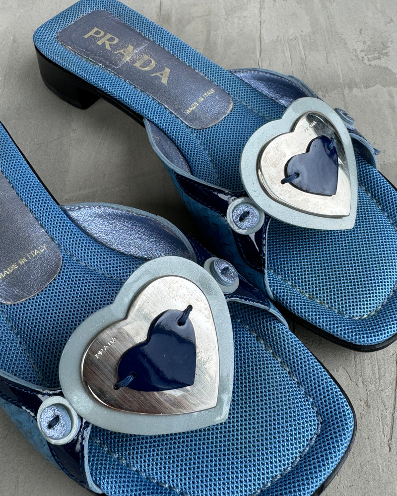 PRADA 2000'S BLUE LEATHER & HEART MULES FLATS - EU 36.5 / UK 3.5