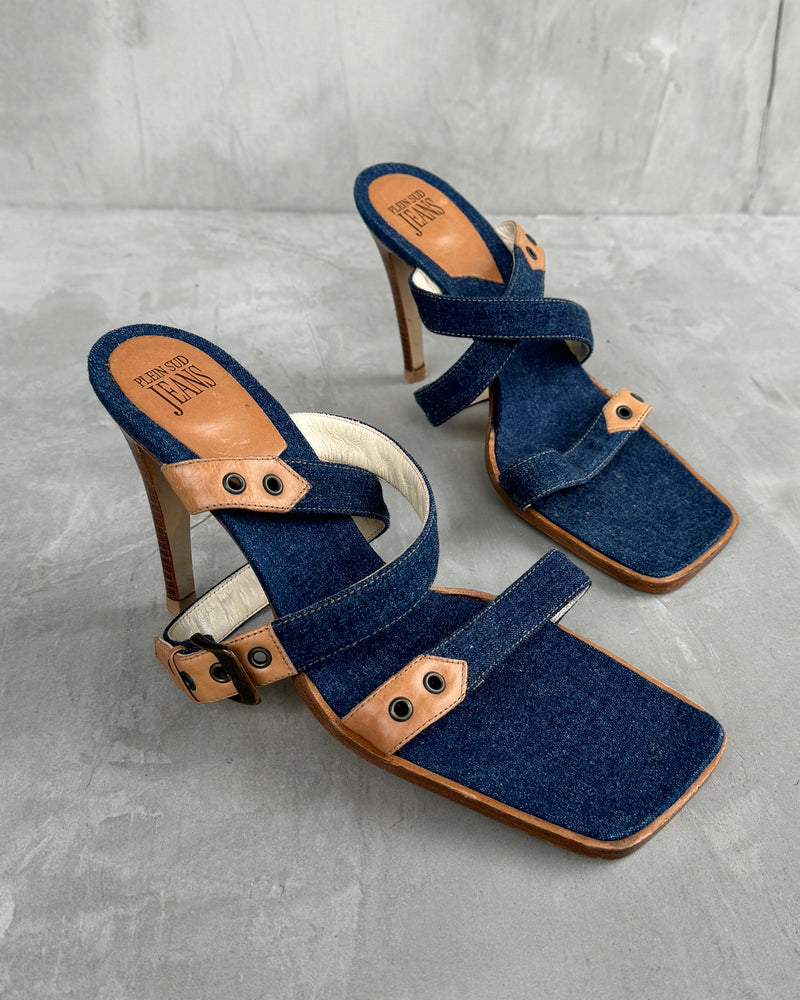 PLEIN SUD SQUARE TOE DENIM STRAP UP HEELS - EU 39 / UK 6