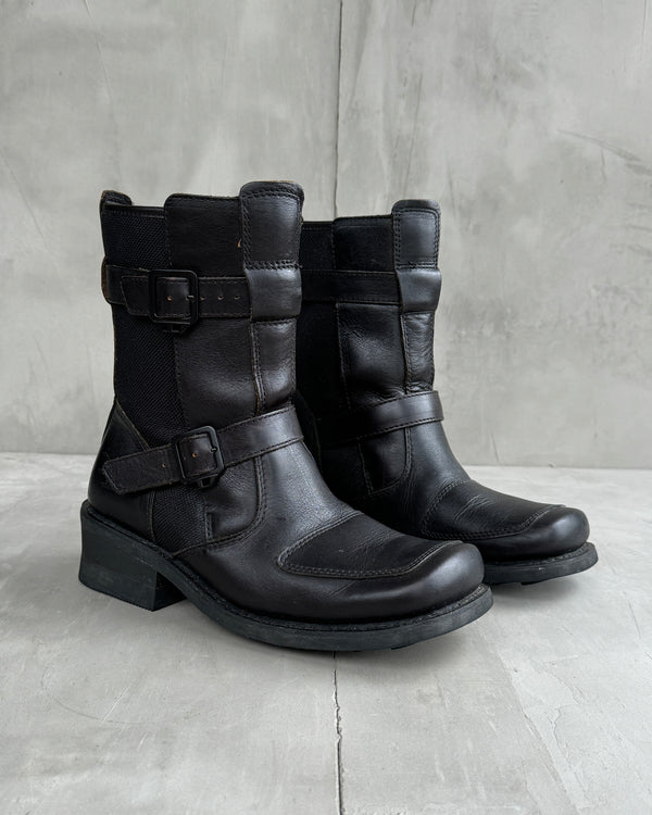 DIESEL 2000'S SQUARE TOE BUCKLE UP LEATHER BOOTS - EU 42 / UK 8