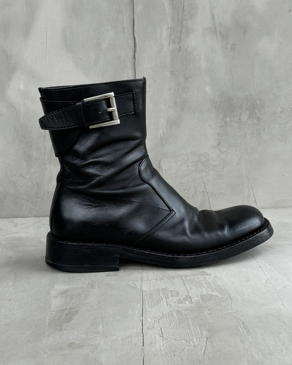 PRADA 90'S MENS BLACK LEATHER & SILVER BUCKLE BOOT - UK 7 / EU 40.5