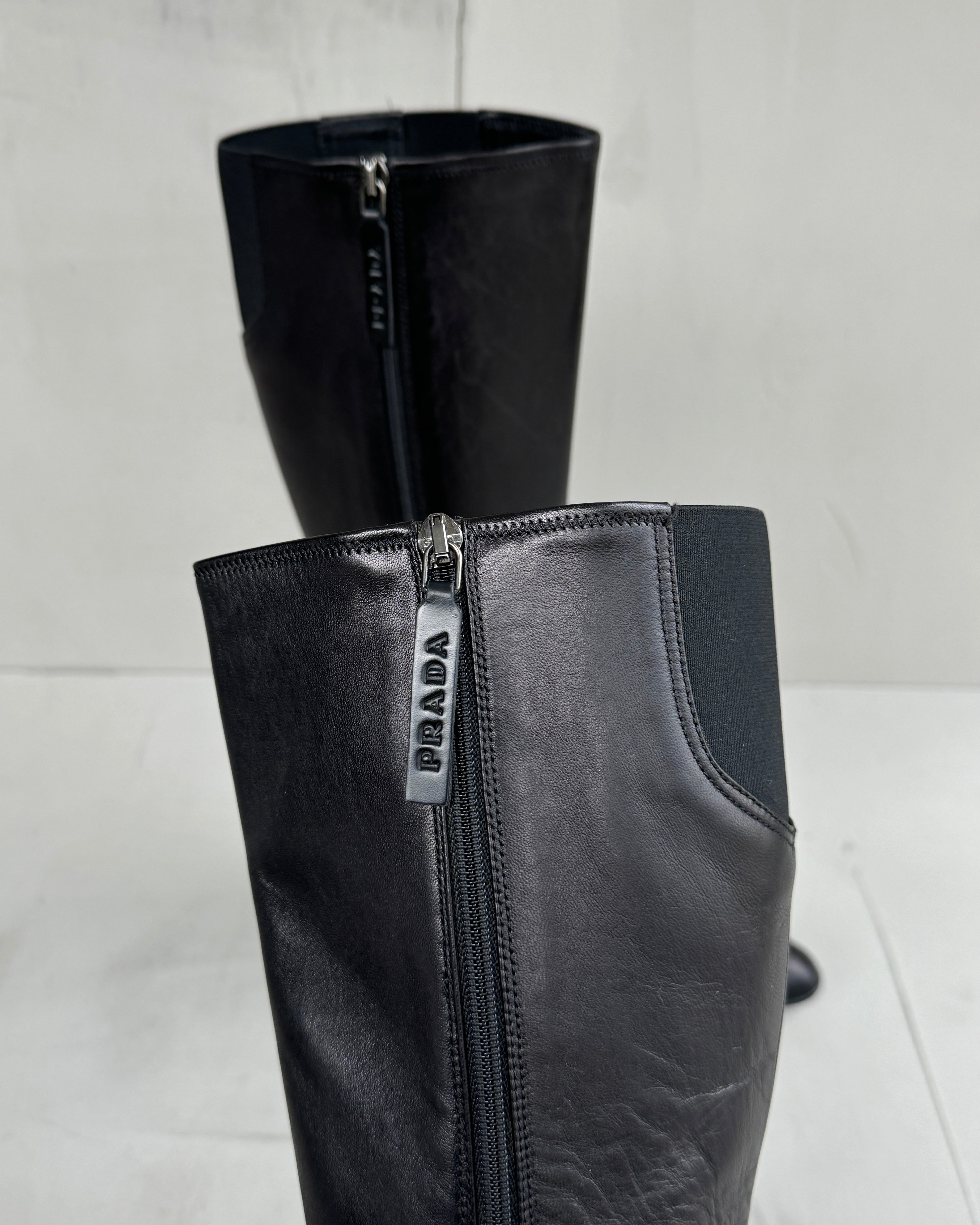 PRADA KITTEN HEEL SPORT LEATHER BOOTS - EU 37