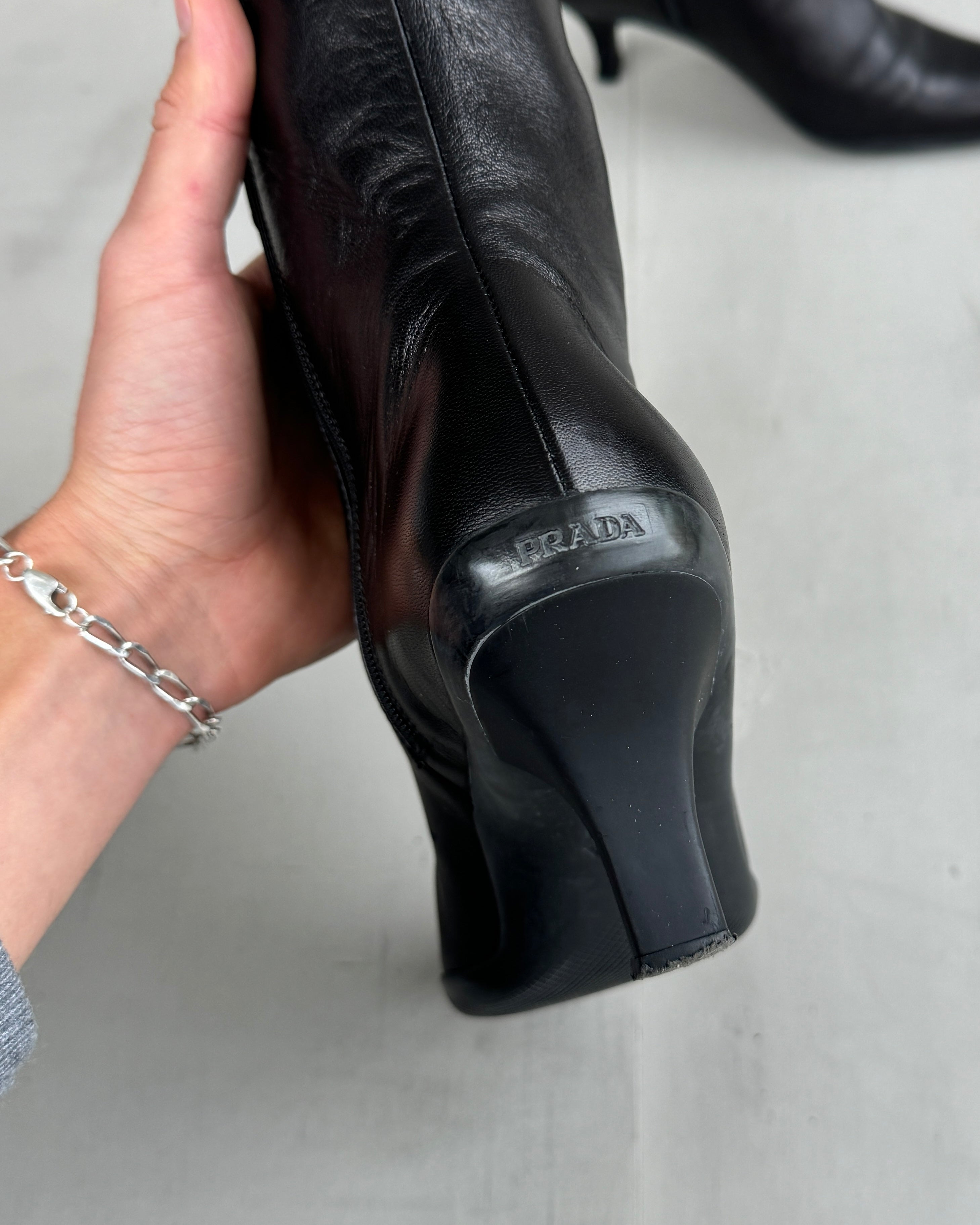 PRADA KITTEN HEEL SPORT LEATHER BOOTS - EU 37