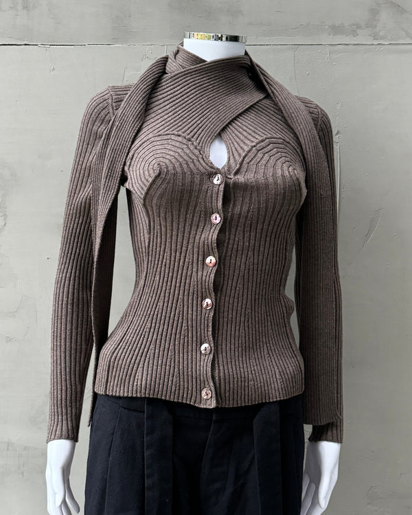 JEAN PAUL GAULTIER RIBBED KNIT CONICAL BUTTON UP SWEATER - M