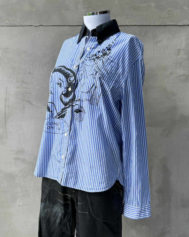 PRADA GRAPHIC BLUE & WHITE STRIPED LONG SLEEVE SHIRT - S/M