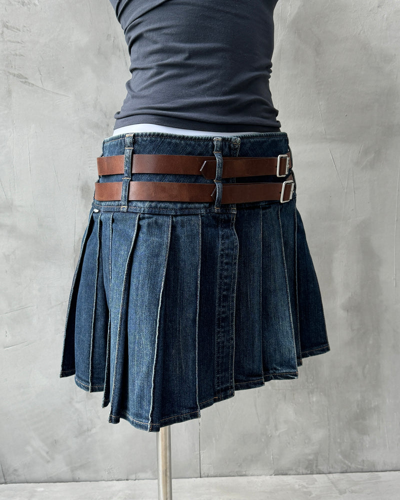 BURBERRY WRAP DOUBLE BELT PLEATED DENIM SKIRT - S/M