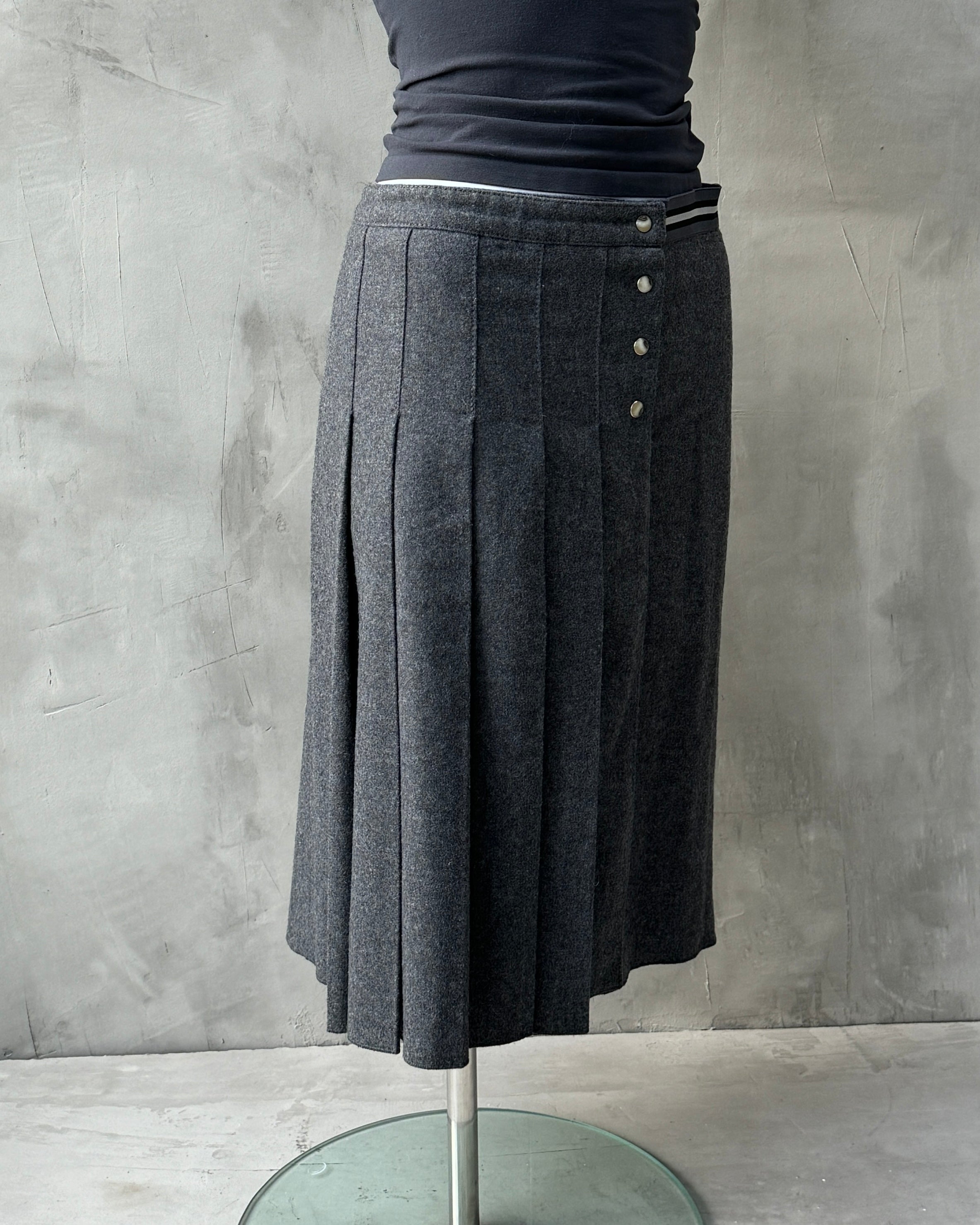 PRADA SPORT 2000'S GREY WOOL PLEATED MIDI WRAP SKIRT - M