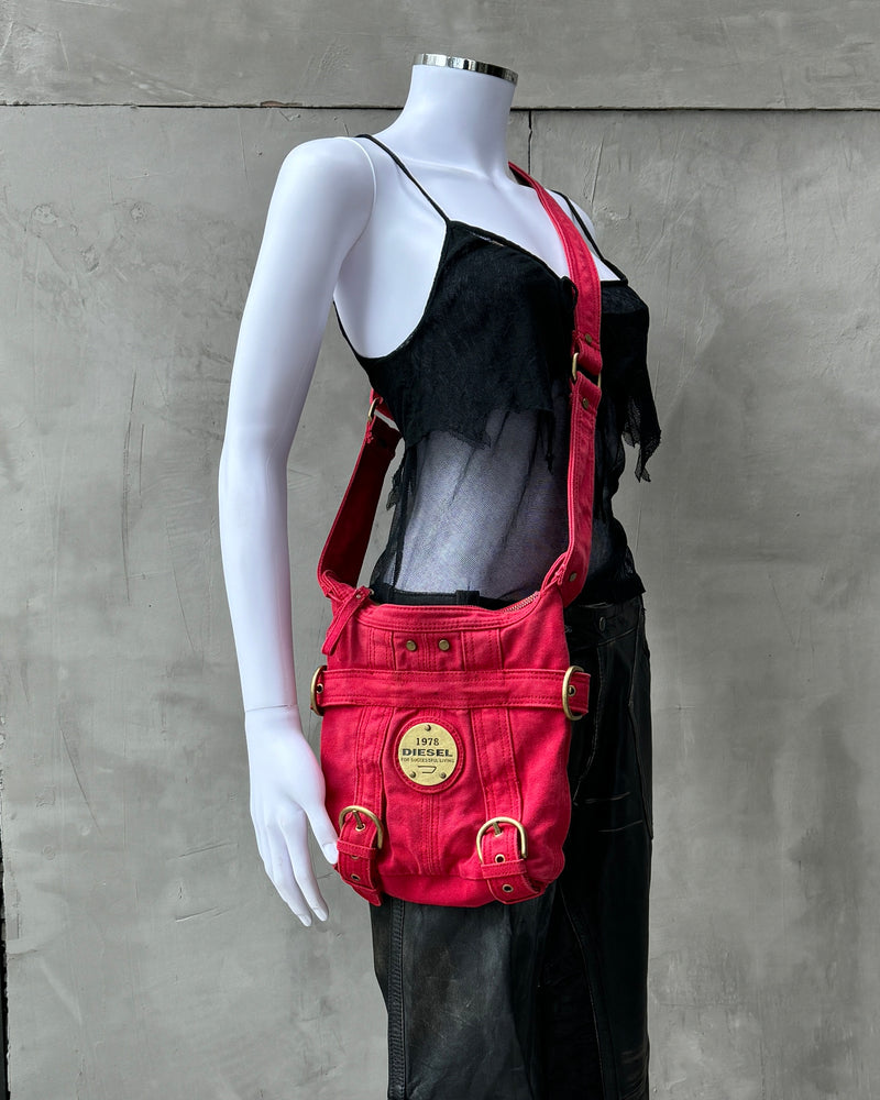 DIESEL RED CANVAS BUCKLE SIDE BAG