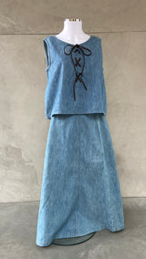 MIU MIU DENIM MAXI SKIRT & LACE UP TOP SET - M