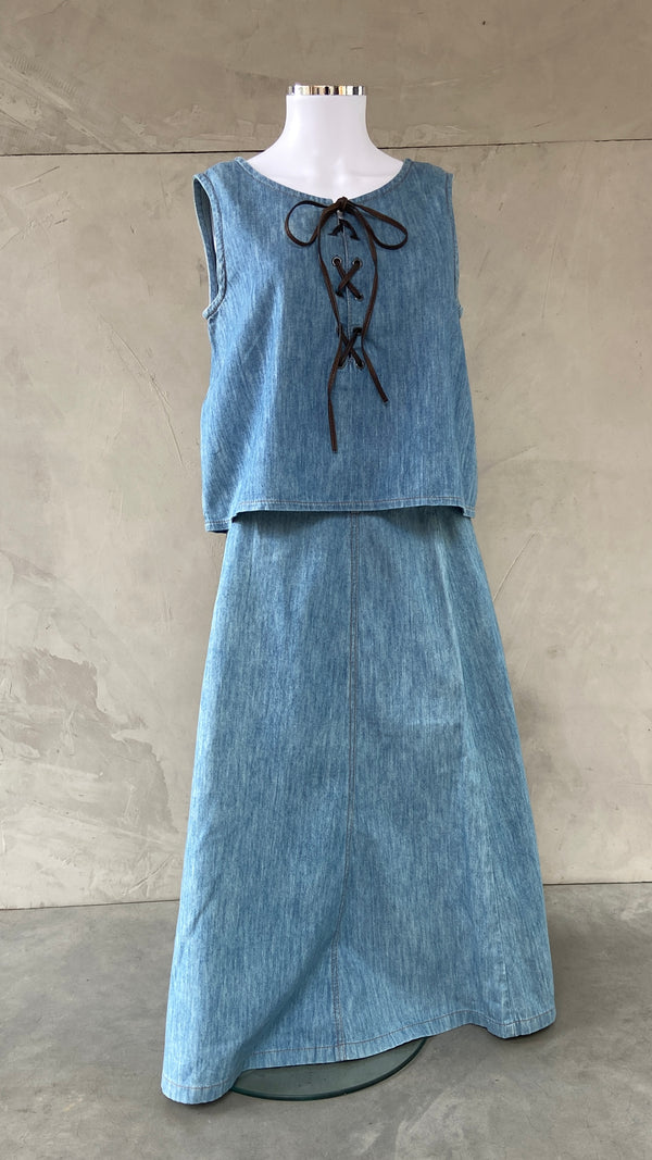 MIU MIU DENIM MAXI SKIRT & LACE UP TOP SET - M