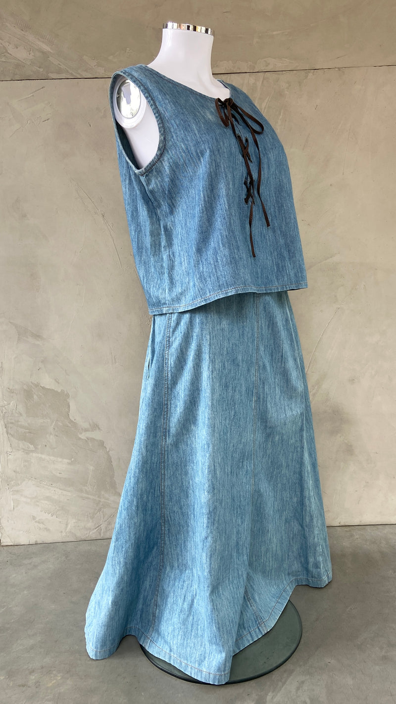 MIU MIU DENIM MAXI SKIRT & LACE UP TOP SET - M