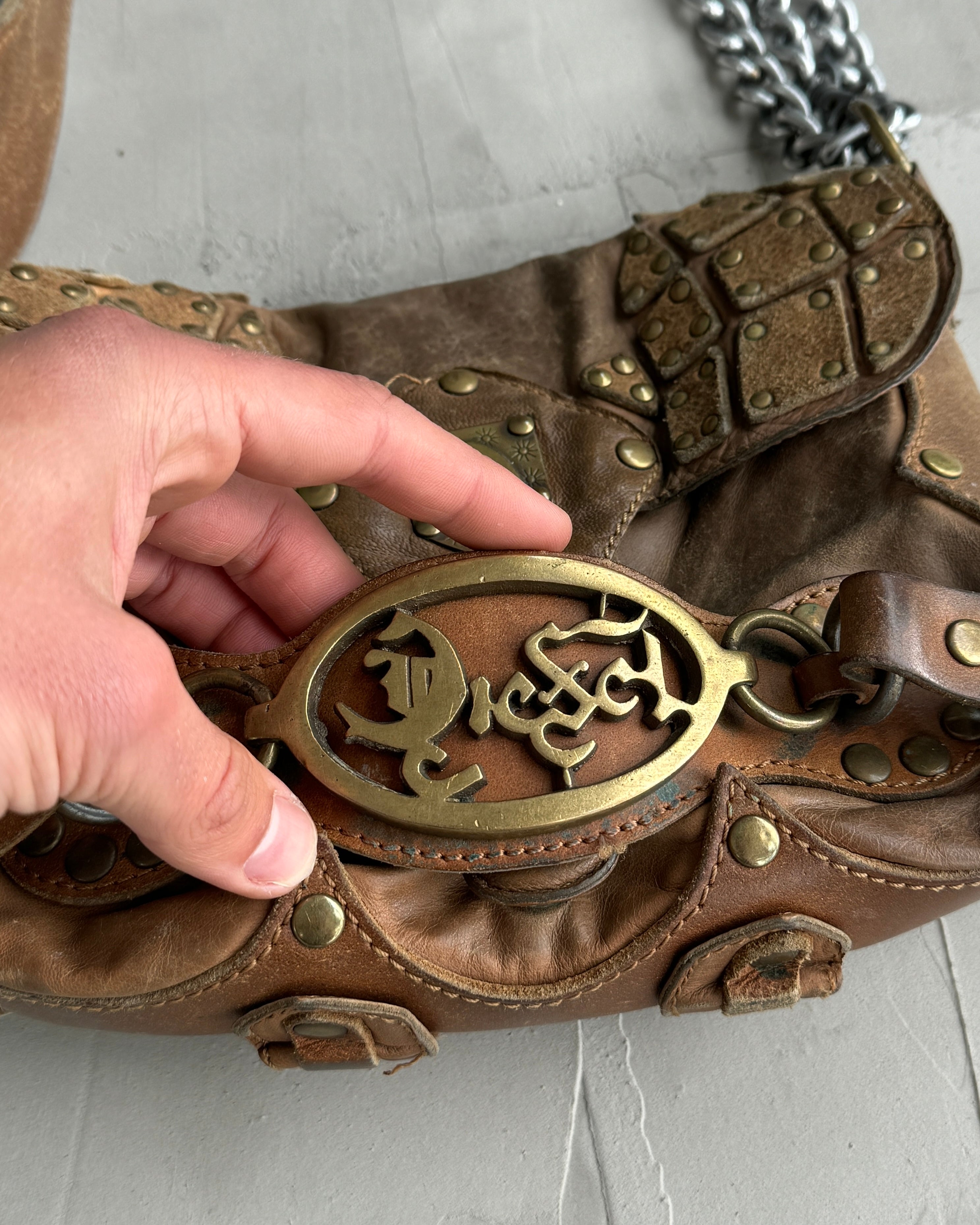 DIESEL 90'S BROWN LEATHER & CHROME SHOULDER BAG