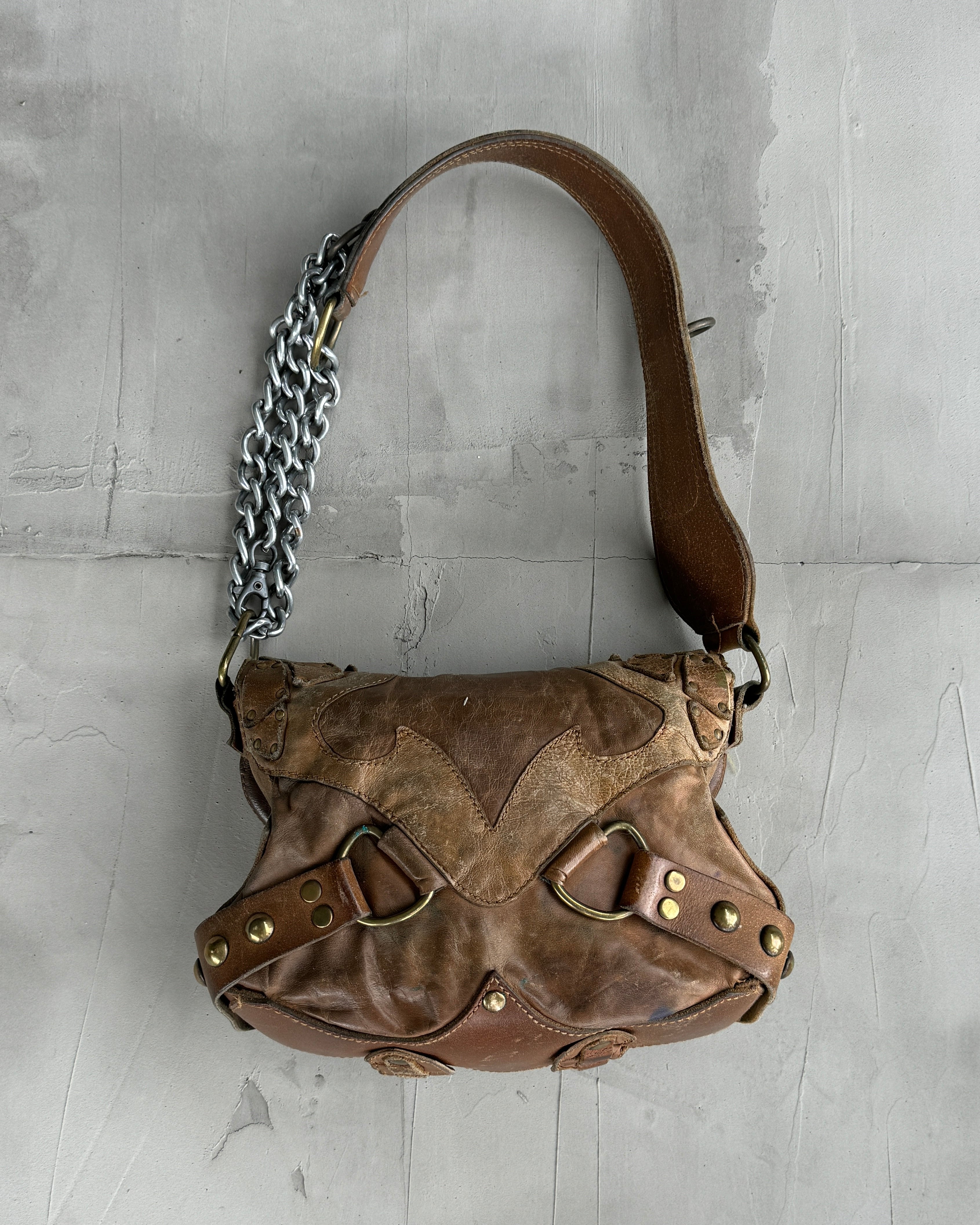 DIESEL 90'S BROWN LEATHER & CHROME SHOULDER BAG