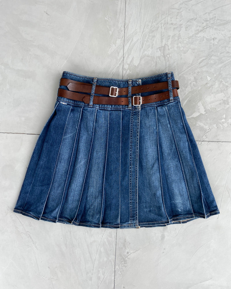 BURBERRY WRAP DOUBLE BELT PLEATED DENIM SKIRT - S/M