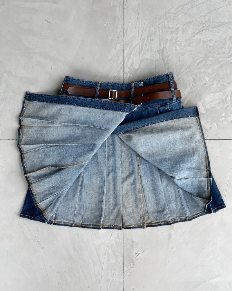 BURBERRY WRAP DOUBLE BELT PLEATED DENIM SKIRT - S/M