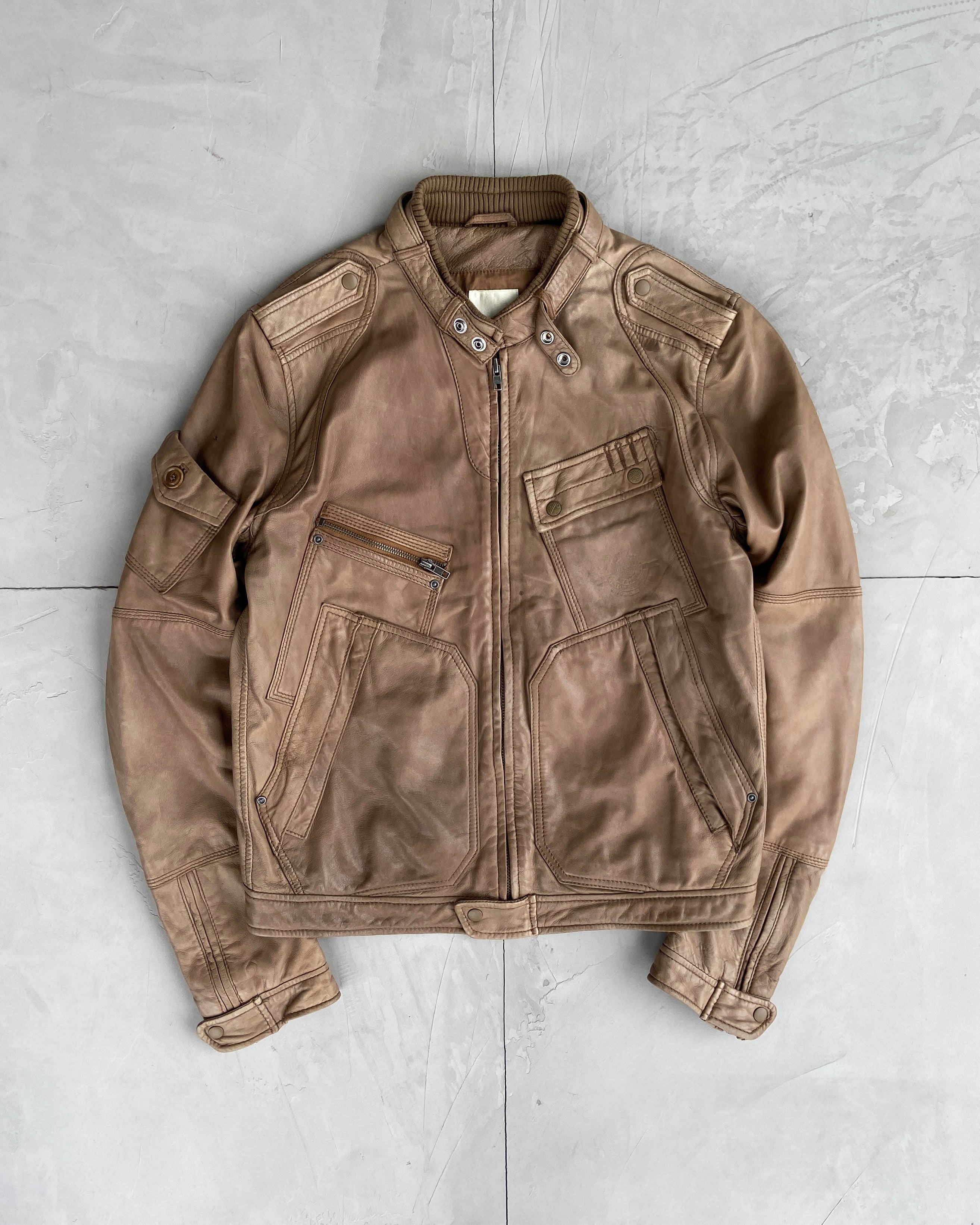 DIESEL 00'S BROWN CARGO LEATHER JACKET - L