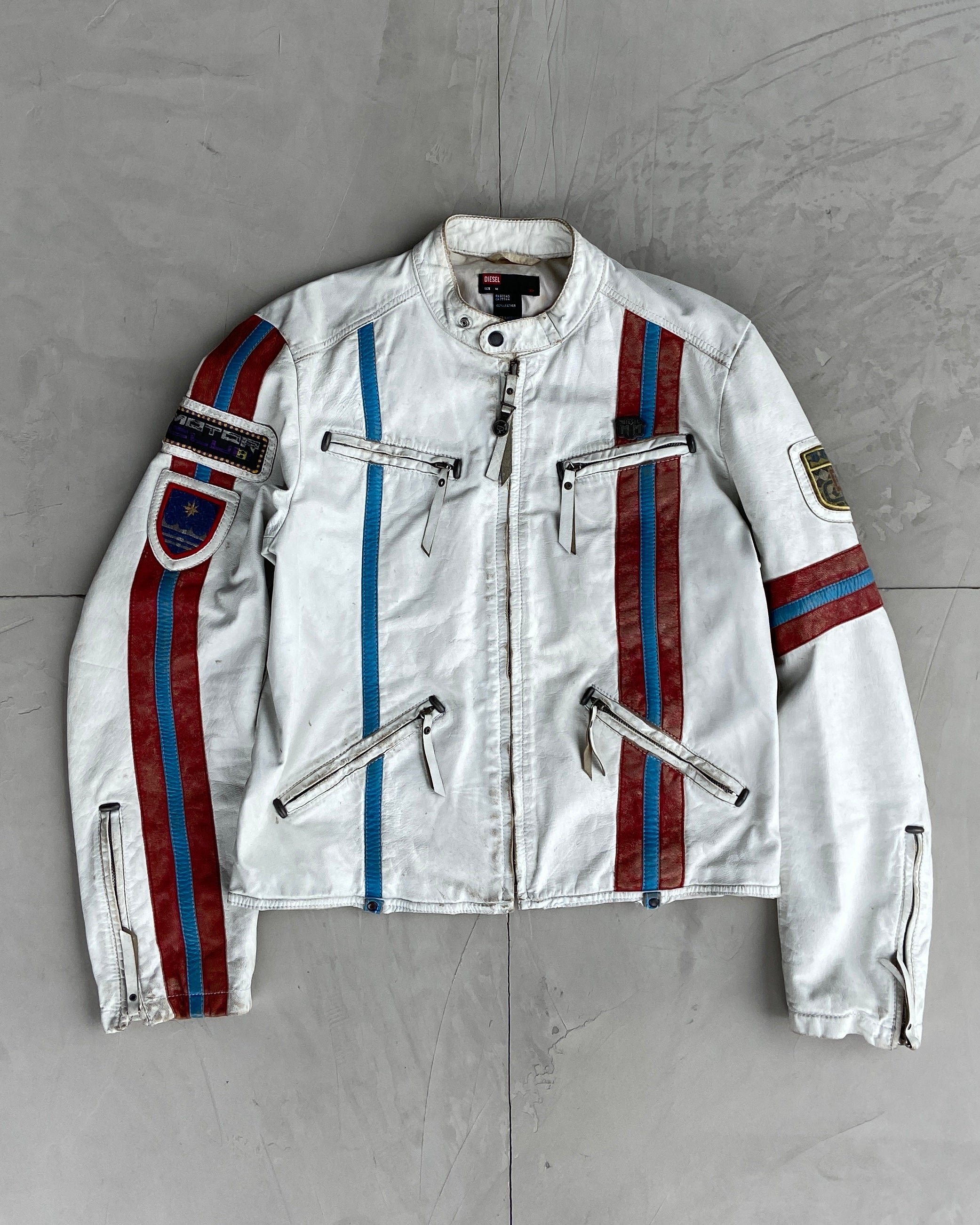 DIESEL 2000'S WHITE LEATHER RACER JACKET - M
