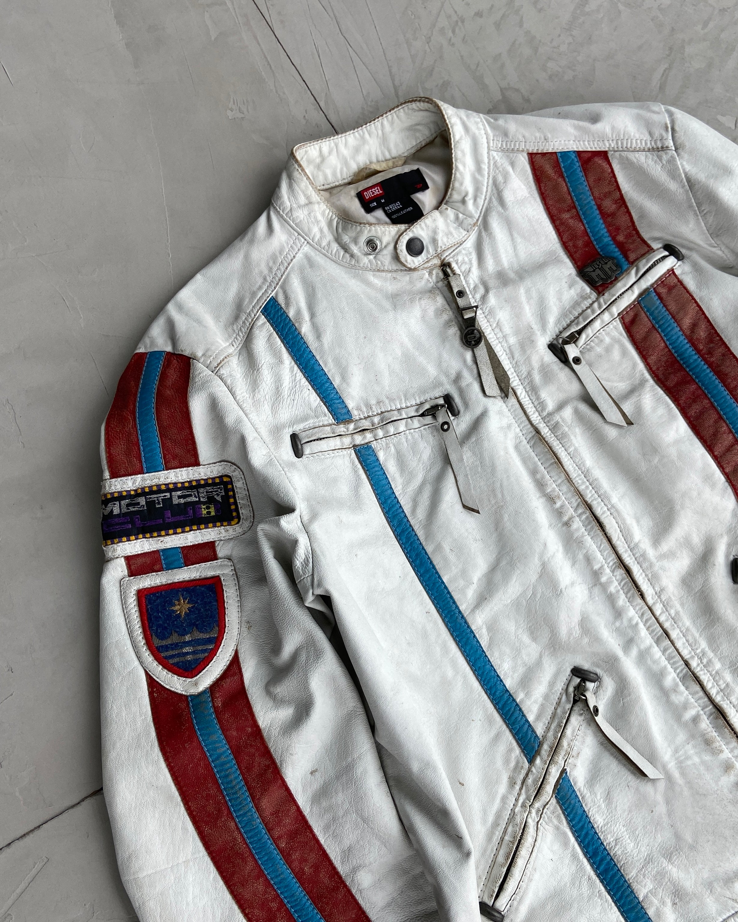 DIESEL 2000'S WHITE LEATHER RACER JACKET - M