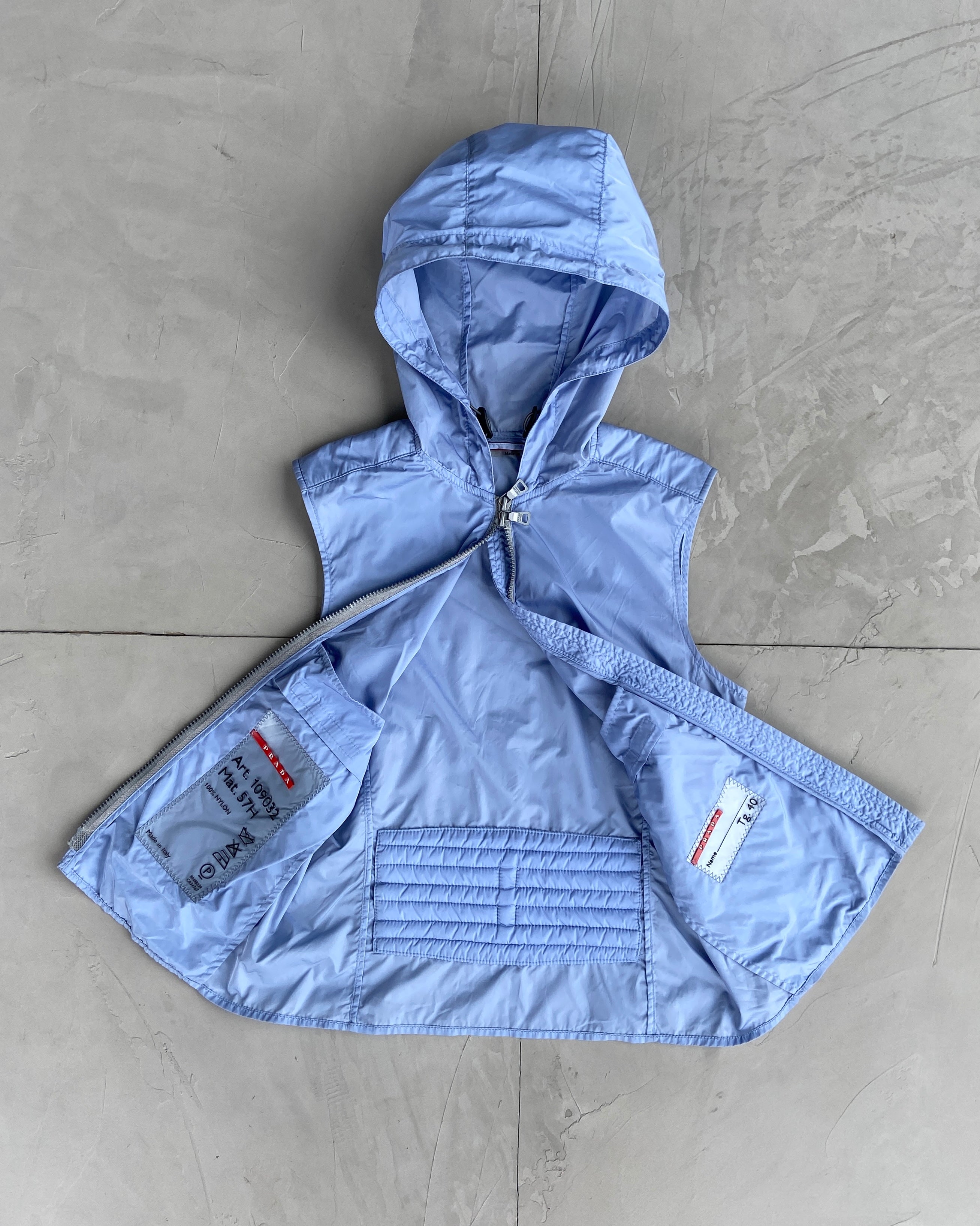 PRADA SS1999 BABY BLUE NYLON HOODED TOP - S/M