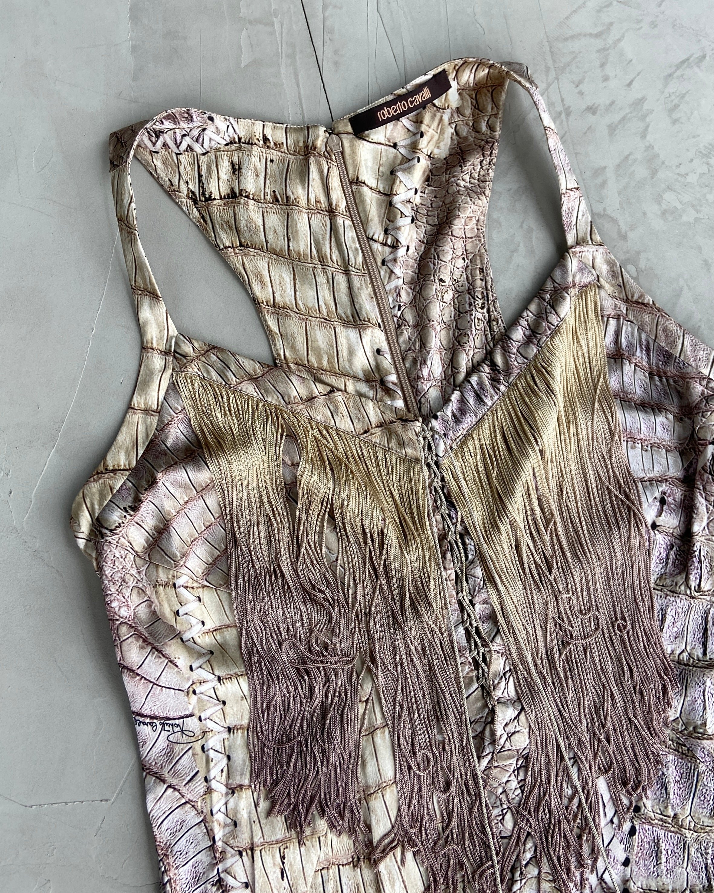 ROBERTO CAVALLI SS2011 SNAKE PRINT FRINGE DRESS - M