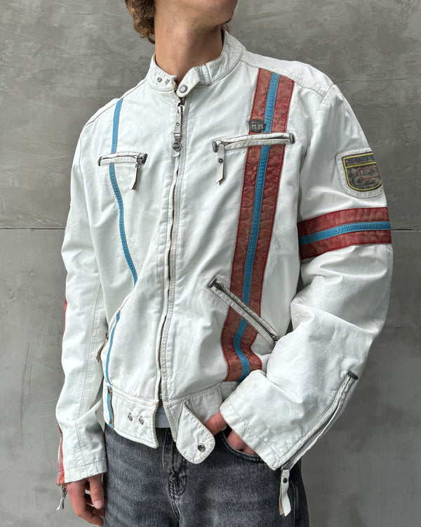DIESEL 2000'S WHITE LEATHER RACER JACKET - XL